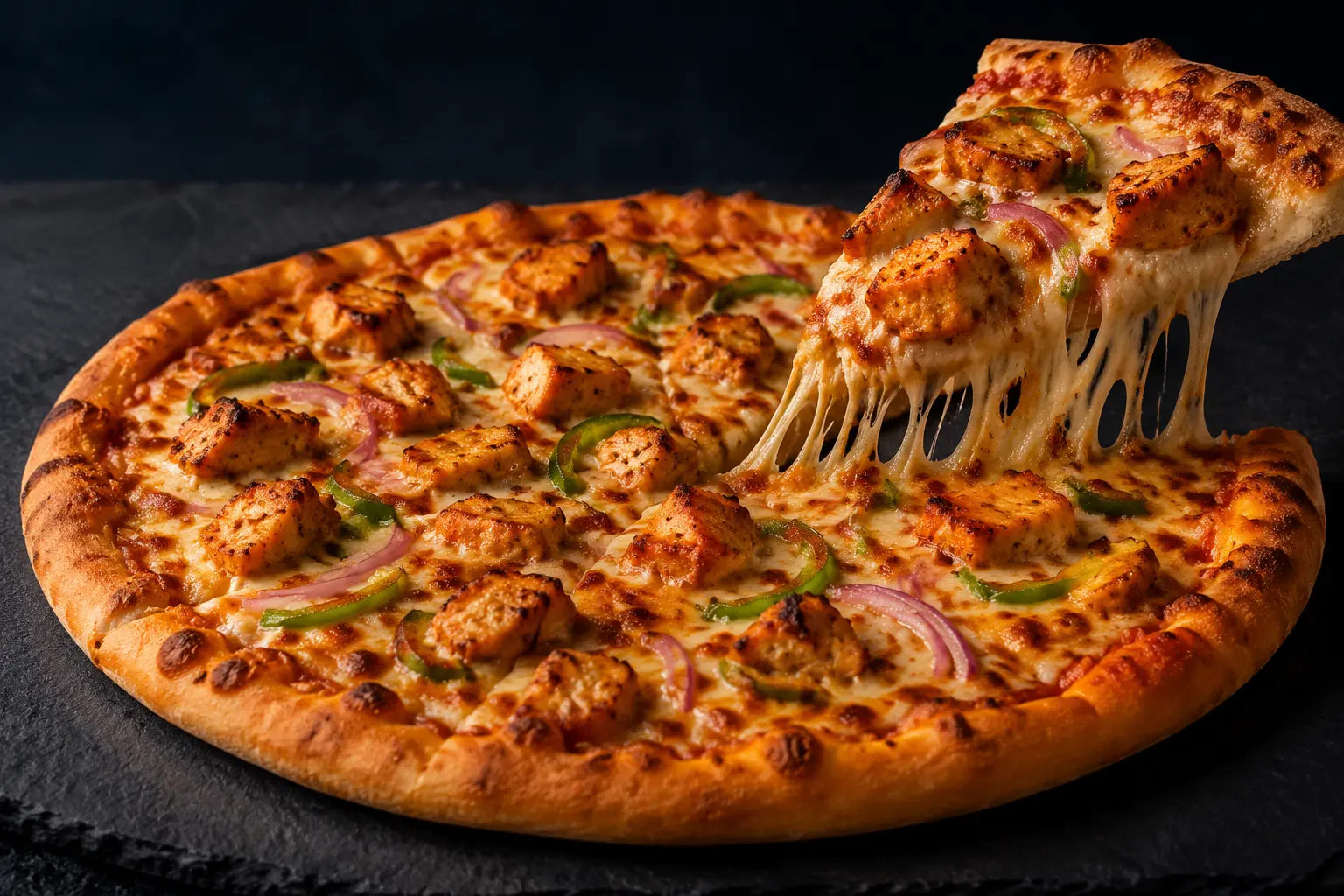 Fresh chicken tikka pizza with a melted cheese pull